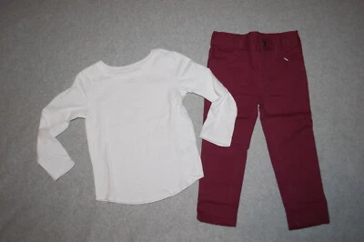 Niñas Pequeñas Conjunto CAMISETA BLANCA L/S Granate Borgoña Pantalones de mezclilla ajustados TALLA 3T Foto 1 de 2