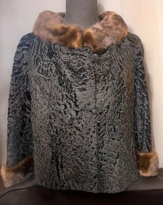 Vintage 50s MOD Persian Lamb And Brown Mink Fur Collar Short Jacket Coat Med - Picture 1 of 16