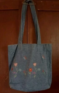 Small Handmade Tote Blue with Flowers Reversible to Red 10" x 11" - Picture 1 of 9