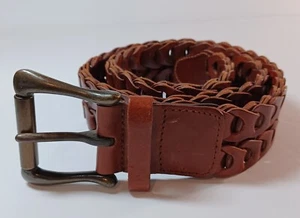 Vtg 36" Braided Link Mens Belt Sz S Brown Leather Boho Brass Buckle  - Picture 1 of 5