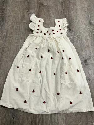 Mexican Dress SZ 7 Girls Handmade Boho White Lady Bugs Embroidery - Изображение 1 из 2