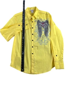 BIZZO MENS Western Dress Shirt Yellow Size XL Rhinestones Revolver With Wings - Picture 1 of 12