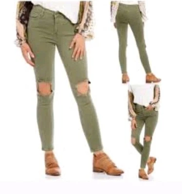 Pantalones de mezclilla Free People para mujer talla 29 verde musgo ajustados desgastados rodilla rota nuevos con etiquetas Foto 1 de 4