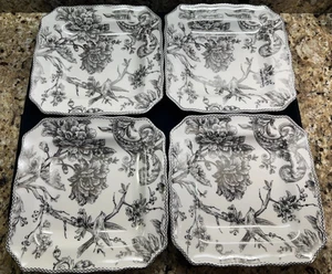 222 Fifth Adelaide Silver 4pc Square Dessert Plate Toile Bird Fine China 8.5” - Picture 1 of 6