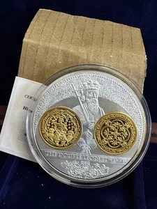 Historia de la acuñación británica El doble leopardo 70 mm plata Cu placa de oro moneda certificado de autenticidad - Imagen 1 de 2