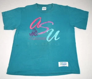 ASU T-Shirt VTG Arizona State Size M 80s Teal with Neon Raised Paint 2 Sided - Picture 1 of 11