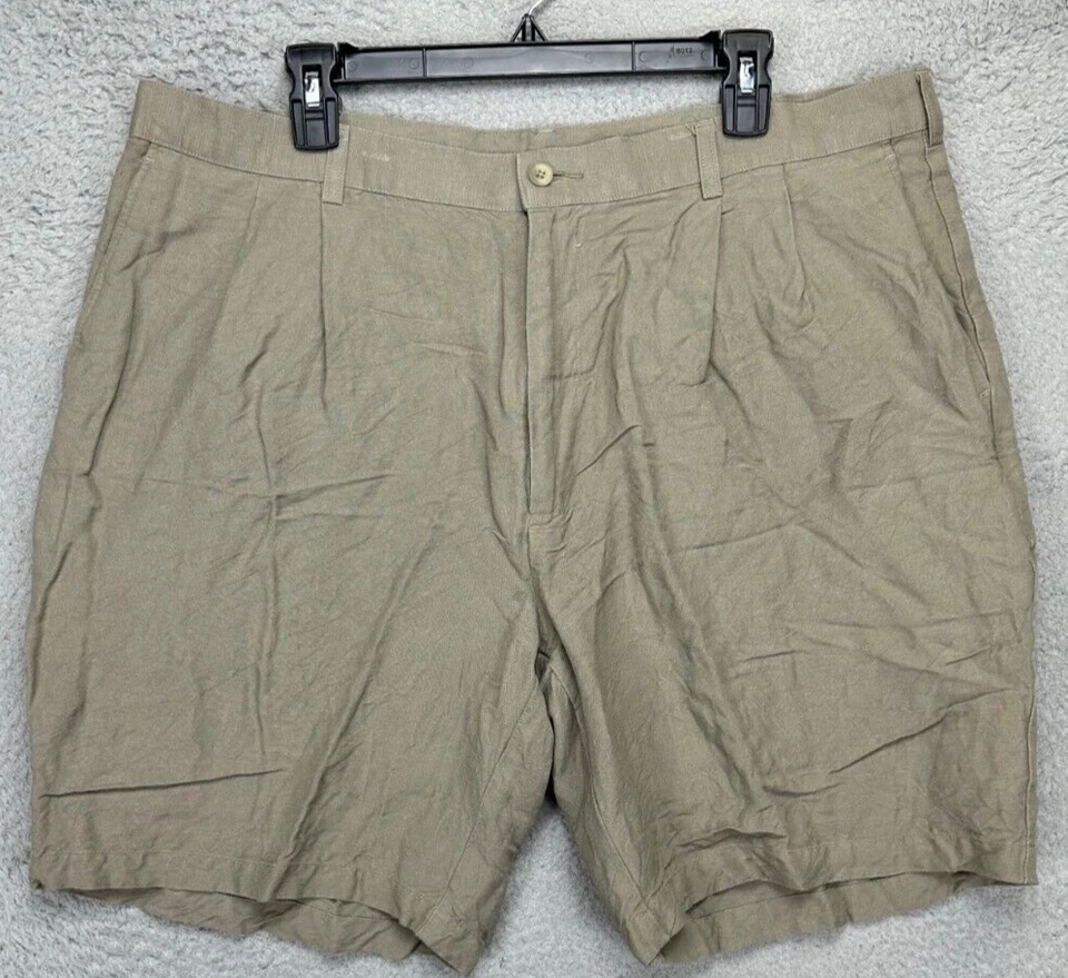Pantalones Cortos Perry Ellis Para Hombres 40 Portafolio Marrón Mezcla de Lino Informales Plisados Bolsillos Foto 1 de 4