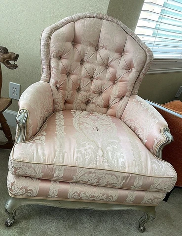 Antique French Bergere Chair c 1860; silver wash Frame. Reupholstered c 1990 Cover