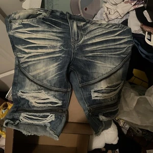 Smoke Rise Mens Denim Shorts Size 34 Blue Distressed Bleached Biker - Picture 1 of 3