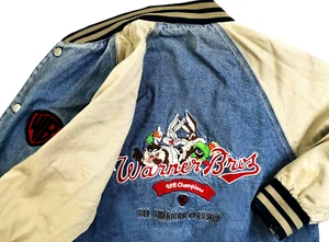 *HOT VTG Men WARNER BROS @ LOONEY TUNES EMBROIDERED VARSITY Denim JACKET Jeans S - Picture 1 of 13