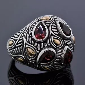 Bali Design Schmuck 925 Sterlingsilber 18K Gelbgold Rot Granat Mosaik Ring - Bild 1 von 4