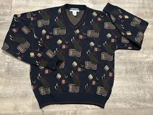 Vintage 90s Knit Classic Golf Sweater Graphic All Over Vneck Men’s Blue Medium - Picture 1 of 5