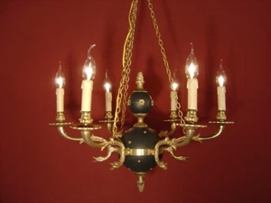 CHANDELIER 6 LAMP, ANIMAL DECOR, EMPIRE STYLE - BRASS & GLASS - FRENCH ANTIQUE - Picture 1 of 10