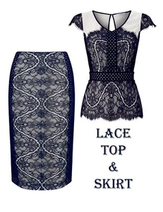 BNWT's Jacques Vert 14/16 22/24 Navy Blue White Structured Lace Skirt Top Suit - Picture 1 of 7
