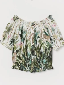 H&M Summer Tropical Palm Cheetah Print Top Bardot Off The Shoulder Size 8 - Picture 1 of 5