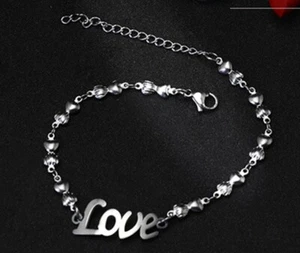 Women Girl Titanium Stainless Steel Heart Band Love Letter Anklet Bracelet 7-9.3 - Photo 1 sur 12