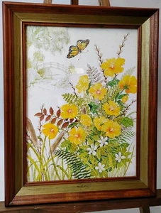 Stampa acquerello Gloria Eriksen fiori gialli farfalle legno incorniciato 19x15" 🦋 - Foto 1 di 19