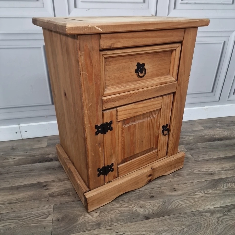 Rustic Solid Pine Bedside Cabinet Drawer & Cupboard -Wood Mexican Style Vintage - Image 1 of 4