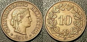 Schweiz - Schweizerische Eidgenossenschaft - 10 Rappen 1919 B, Bern Messing Ttb - Bild 1 von 1