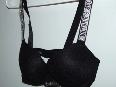 Victoria’s Secret Conjunto de Tanga Sujetador Push-Up Correa Estrás Brillo Encaje Negro 36C Foto 1 de 3
