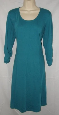 SUSAN GRAVER Teal Sz Medium Soft Stretchy Scoop Neck Ruched Sleeves Midi Dress - Image 1 of 4