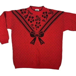 Vintage 90s Classic Essentials Red Black Floral Bow Knit Sweater Womens L - Bild 1 von 3