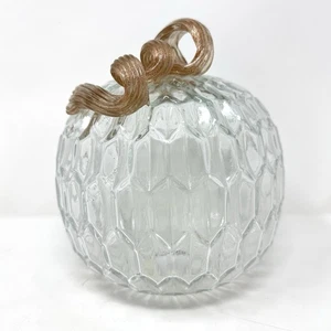 Blown Art Glass Light Up Pumpkin Clear Honeycomb Metallic Curly Stem Fall Decor - Picture 1 of 7
