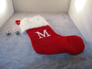 Red Velvet Christmas Stocking Monogram Letter M Faux Fur Cuff 19" w/bells - Picture 1 of 1