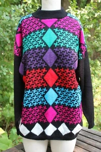 Vtg Geometric 80's 90's Sweater Colorful Color Block Neon AMERICAN PRIDE L - Picture 1 of 7