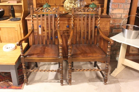Antique Oak Barley Twist Dining Chairs With Brown Leather Seating Cover
