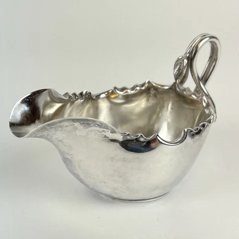 Antique Solid Silver Aesthetic Style Lily Design Sauce Boat James Dixon 1890 Cover