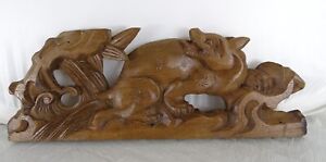 17.7" Antique French Hand Carved Wood Solid Oak Pediment  Animal   19th