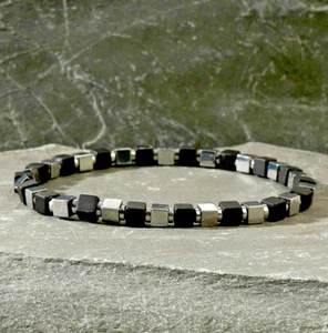 Men's Square Beads Black Tourmaline Hematite Protection Stretch Bracelet Gift - Picture 1 of 2