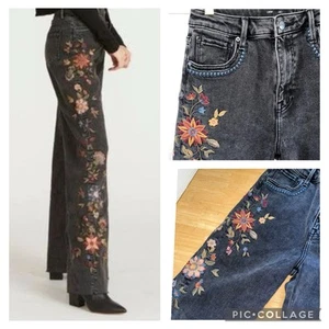 DRIFTWOOD x Free People CHLOE WIDE LEG HI-RISE BLACK EMBROIDERED FLORAL JEANS 24 - Picture 1 of 12