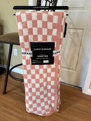 NEW Lucky Brand Feather Knit Checkered Jacquard Throw Blanket 50x70” Pink White - Image 1 of 4