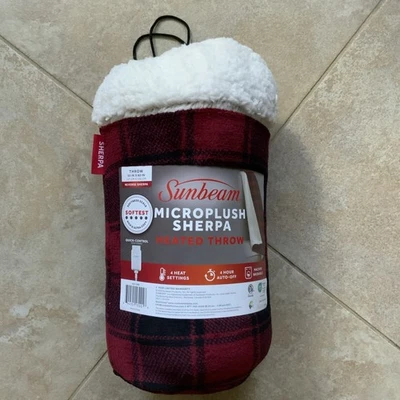 SUNBEAM MICROPLUSH SHERPA HEATED THROW 50" X 60" RED & BLACK NEW - Image 1 of 4