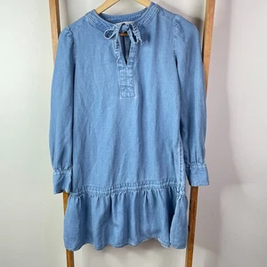 LOFT Mini Dress Womens Extra Small Blue Chambray Drop Waist Long Sleeve Tie Neck - Picture 1 of 11
