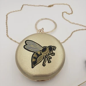 Round Gold Purse Bag Clutch Embroidered Beaded Bee Rhinestones Chain Unique Fun - Picture 1 of 7