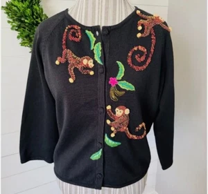 Vintage Michael Simon Women's Embroidered Embellished Monkey Cardigan - Picture 1 of 5