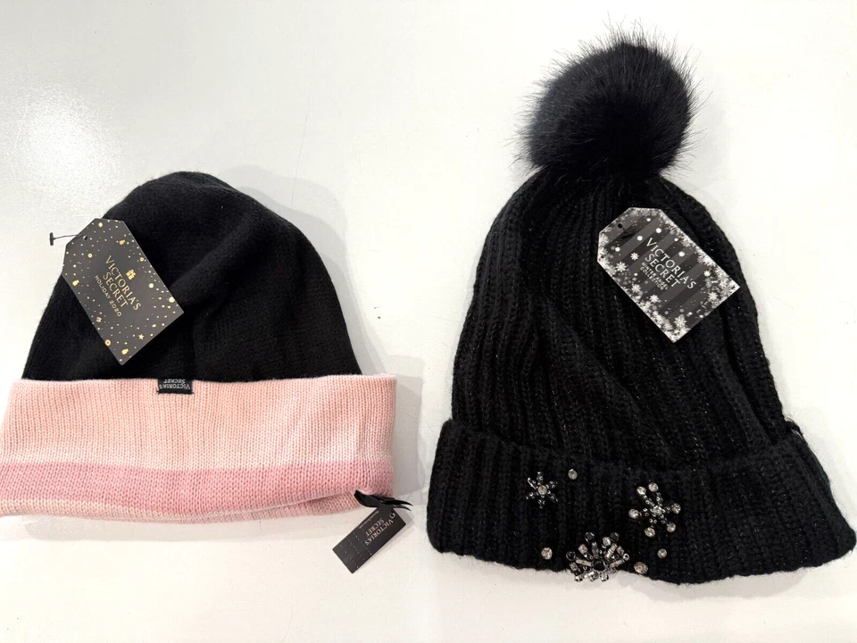 Victoria's Secret Angel Winter Snowflake Sparkle Pom Pom Hat Beanie Black