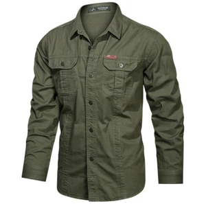 Mens Work Shirts Military Long Sleeves Air Force Army Cotton Casual Shirts Tops - Picture 1 of 13