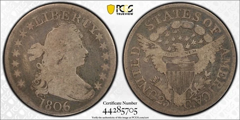 PCGS G04 1806/5 B-1 Draped Bust Quarter Rock Solid Example Entirely Original Cover