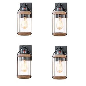4-Pack Black and Woodgrain Motion Sensor Dusk to Dawn Outdoor Wall Sconces - Picture 1 of 1