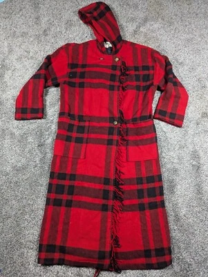 Abrigo largo vintage LL Bean para mujer mediano búfalo a cuadros rojo Wooi flecos EE. UU. H517 Foto 1 de 4