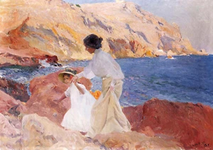 Joaquin Sorolla Y Bastida "Clotilde, Elena On Rocks, Javea" nature Blue Artwork - Picture 1 of 4