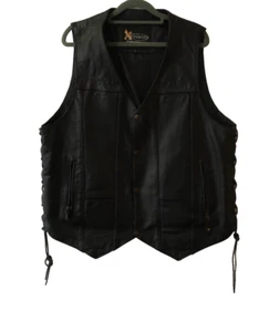 Xelement Mens Black Side Lace Leather Concealed Carry Motorcycle Vest Snap - Picture 1 of 14