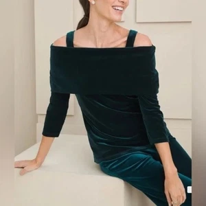 Chico’s Travelers Women’s Green Velvet Off The Shoulder Top Size 3 (16/18) NWT - Picture 1 of 9
