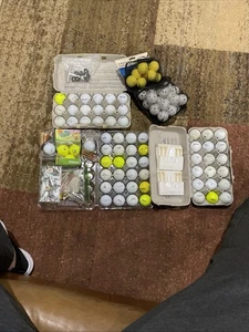 65 meist neue Golfbälle, 10 Schaumstoff & 24 Air-Flow Practice, T’s, Divot Plektren usw. - Bild 1 von 7