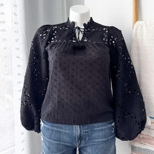 Aqua Black Lace Eyelet Long Balloon Sleeves Pullover Blouse Women’s Size XS - Picture 1 of 8