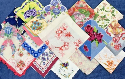 16 Ladies FLORAL Hand Printed Hankies Vtg Lot Roses Daisies Tulips Hand Rolled - Image 1 of 4
